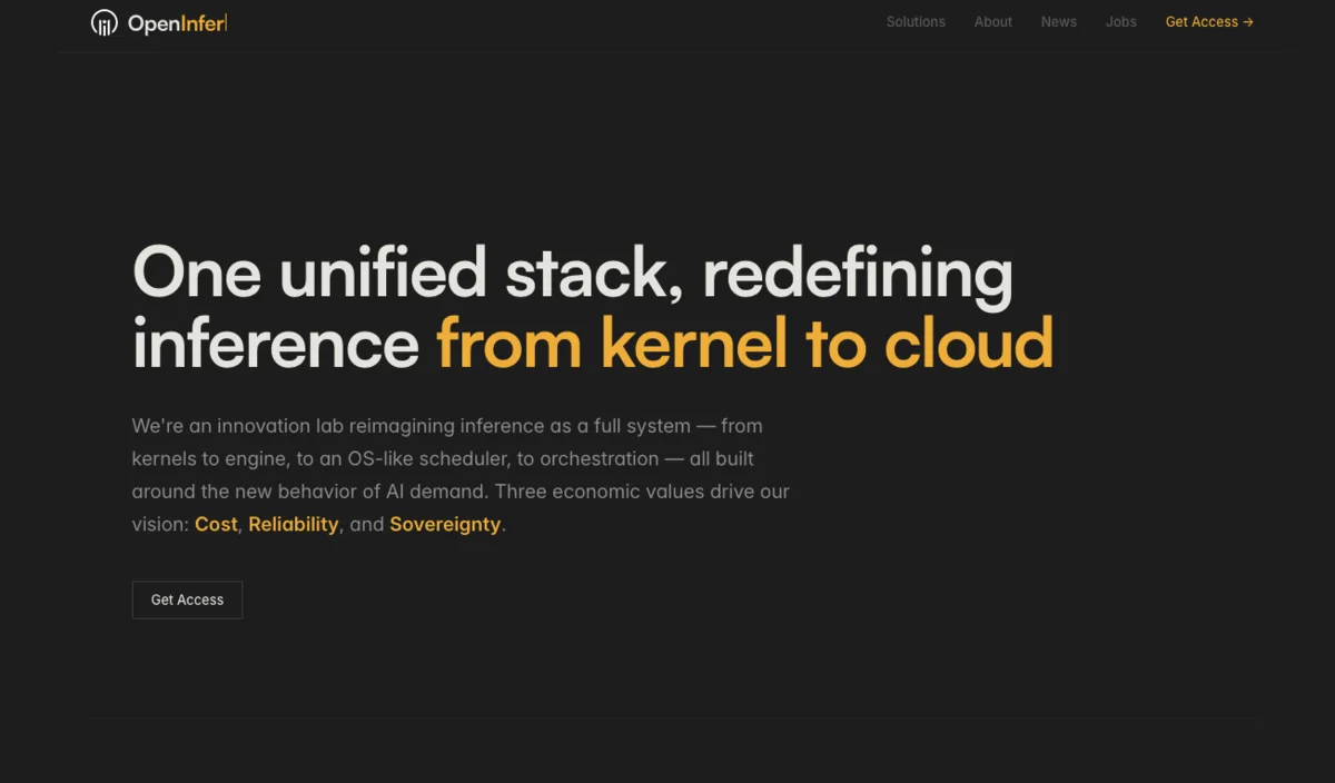 OpenInfer homepage showing its unified inference stack from kernel to cloud