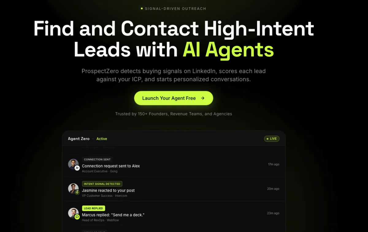 ProspectZero homepage showing AI-powered lead outreach and its Agent Zero interface