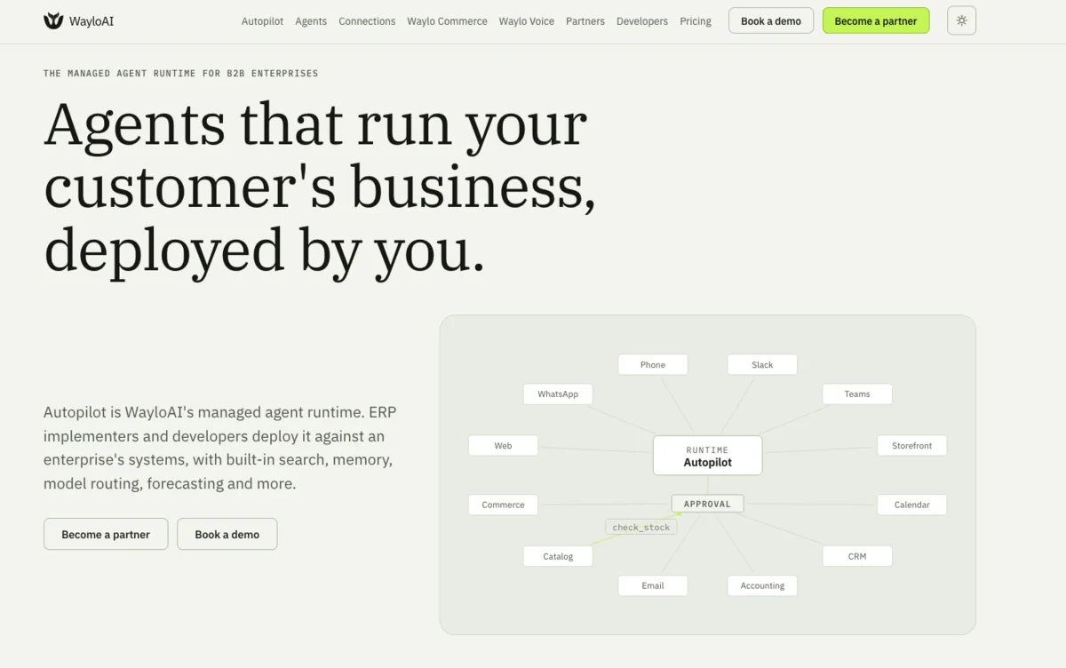 WayloAI homepage showing its managed agent runtime and connected business tools